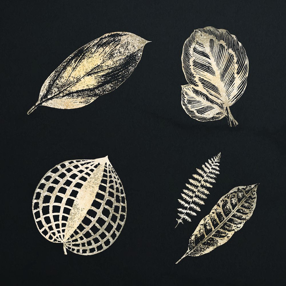 Shimmering leaves vector set in gold