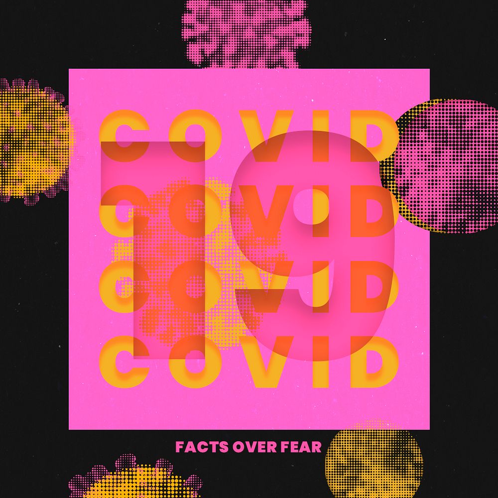 Facts over fear COVID-19 psd mockup social ad with pink and yellow halftone coronavirus illustration