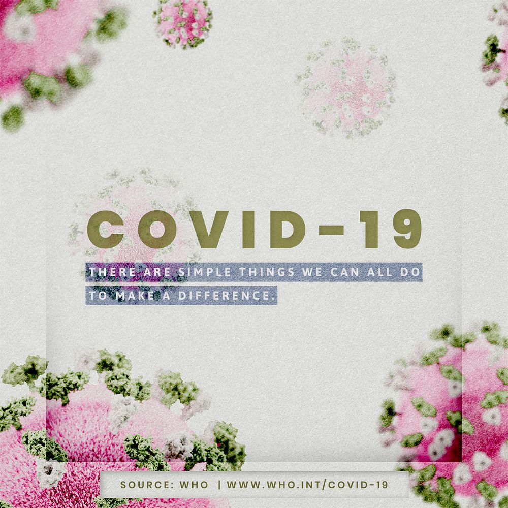 COVID-19 psd mockup social ad with pink and green coronavirus on a white background