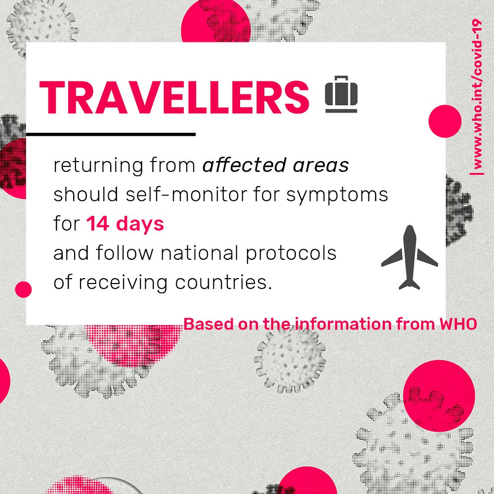 Abroad traveller returning from affected areas should self-monitor for symptoms for 14 days social template source WHO