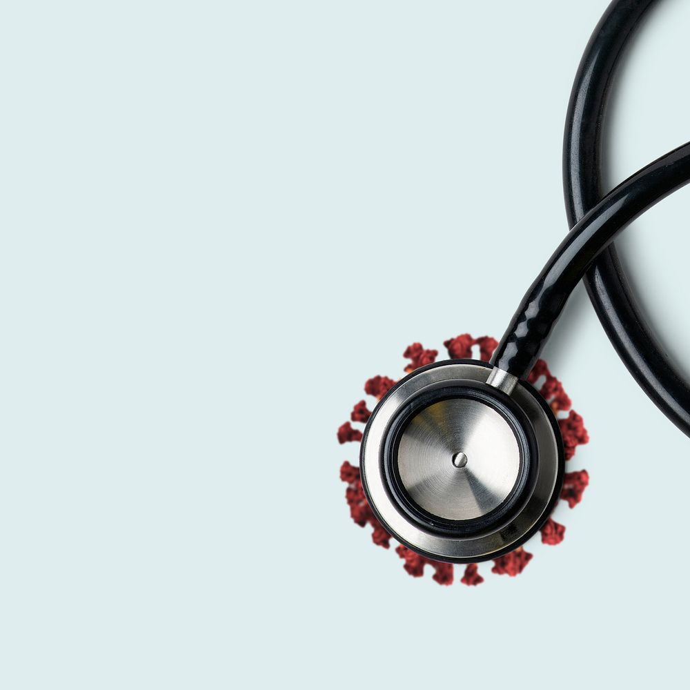 Stethoscope with a coronavirus cell underneath banner