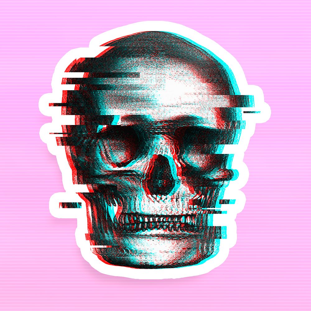 Skull with glitch effect sticker with white border design element