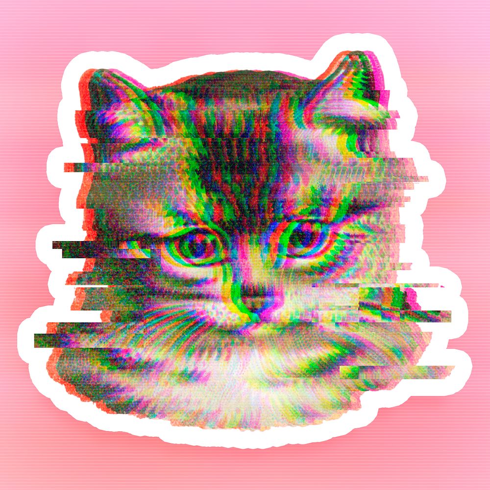 Cat with a glitch effect sticker overlay a with white border