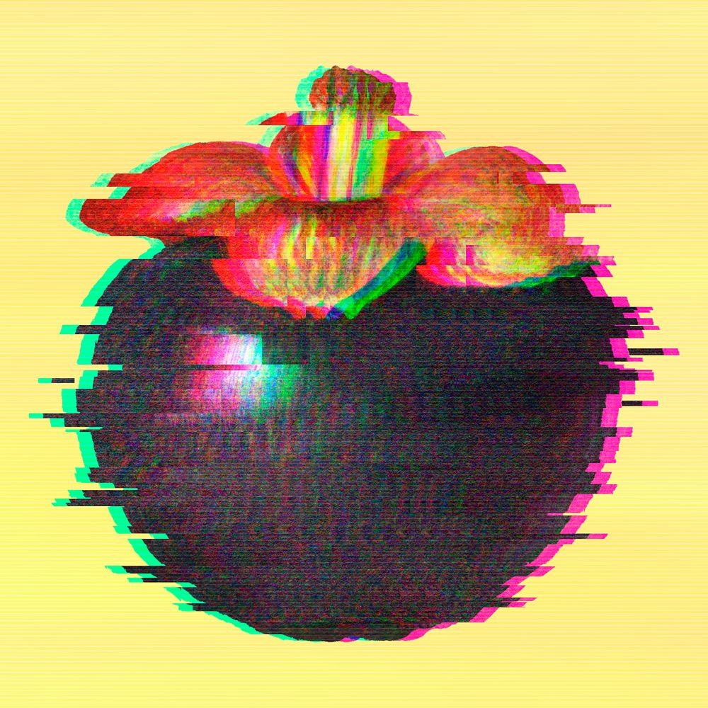 Mangosteen with a glitch effect on a yellow background