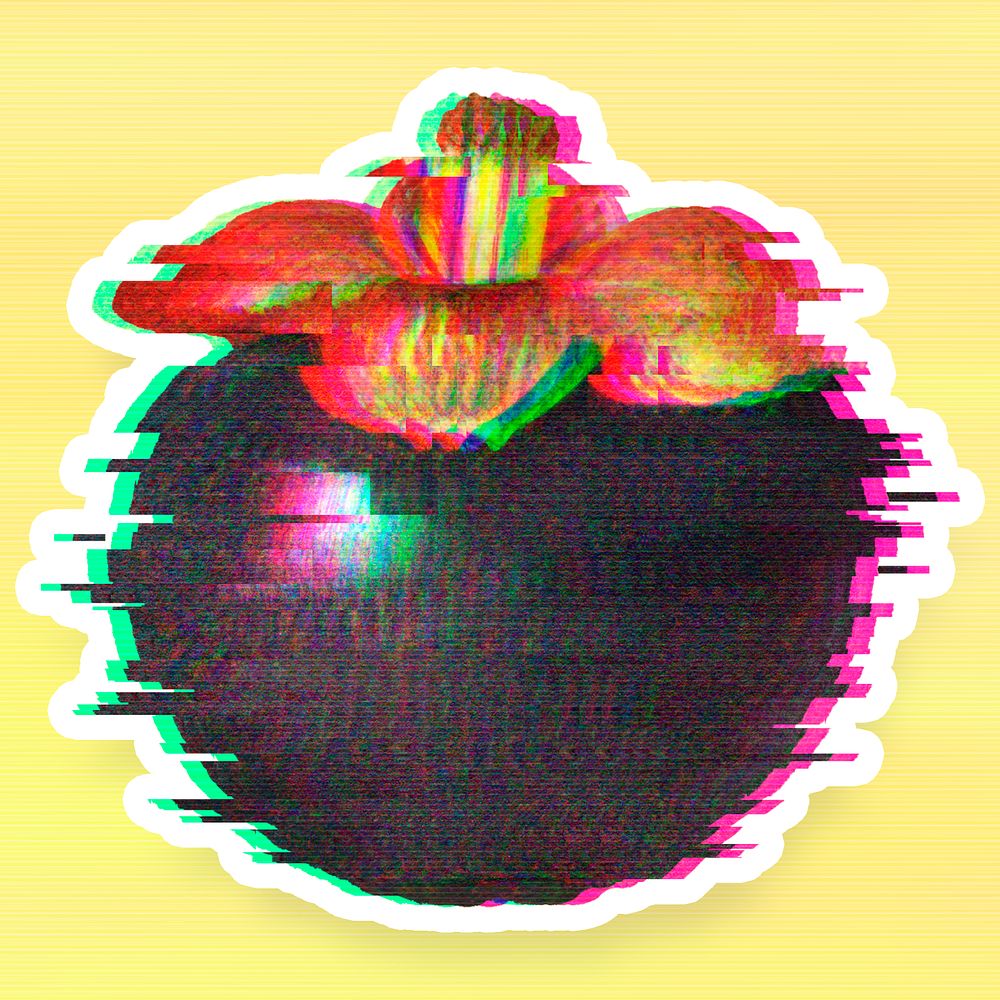 Mangosteen with a glitch effect sticker overlay with a white border