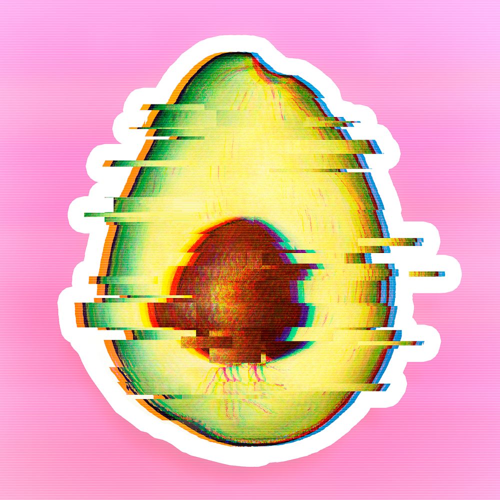 Avocado with a glitch effect sticker overlay with a white border