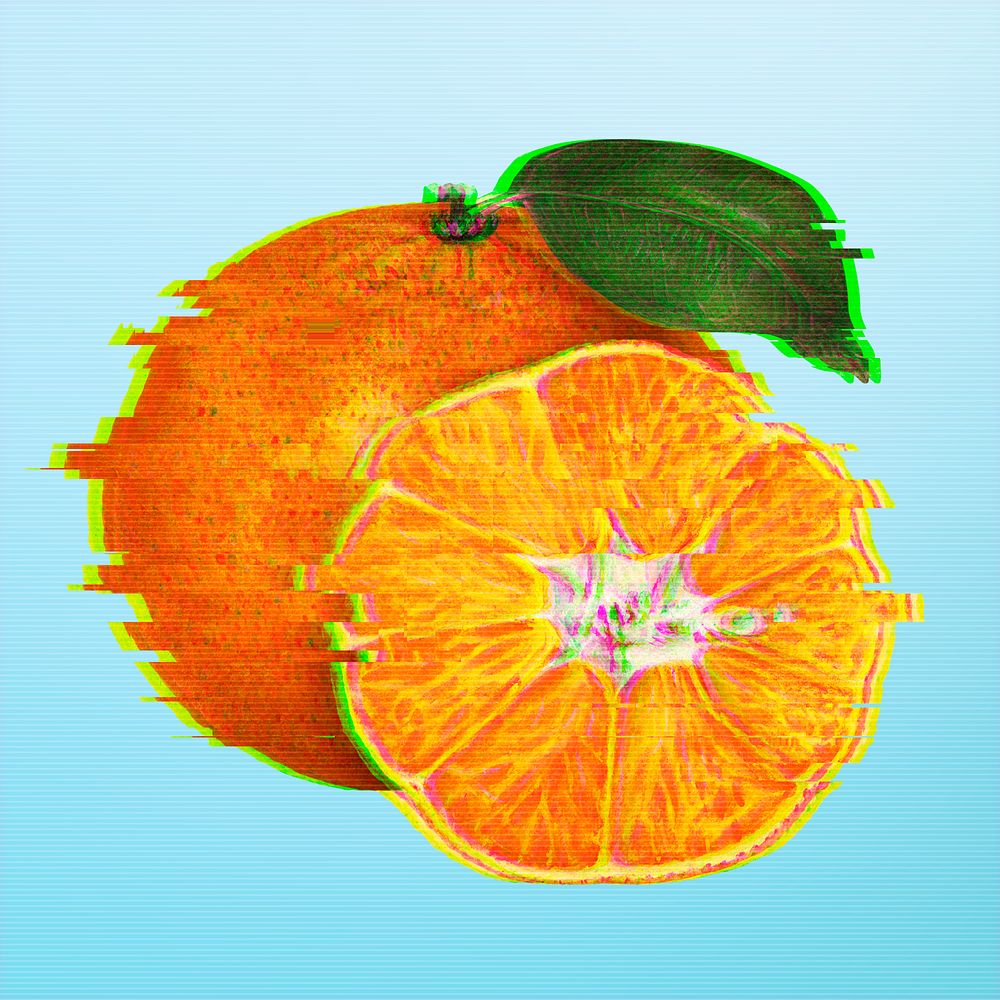 Mandarin orange with glitch effect design element 
