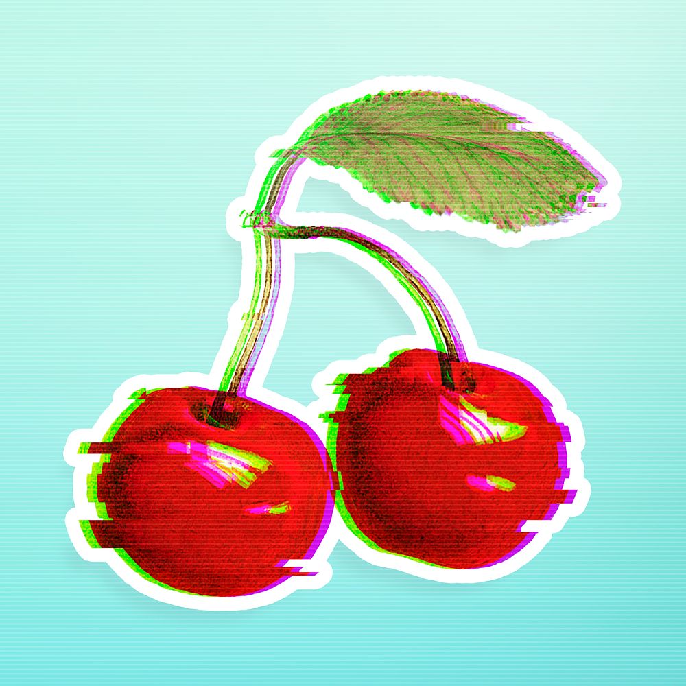 Maraschino cherry with glitch effect sticker with white border overlay