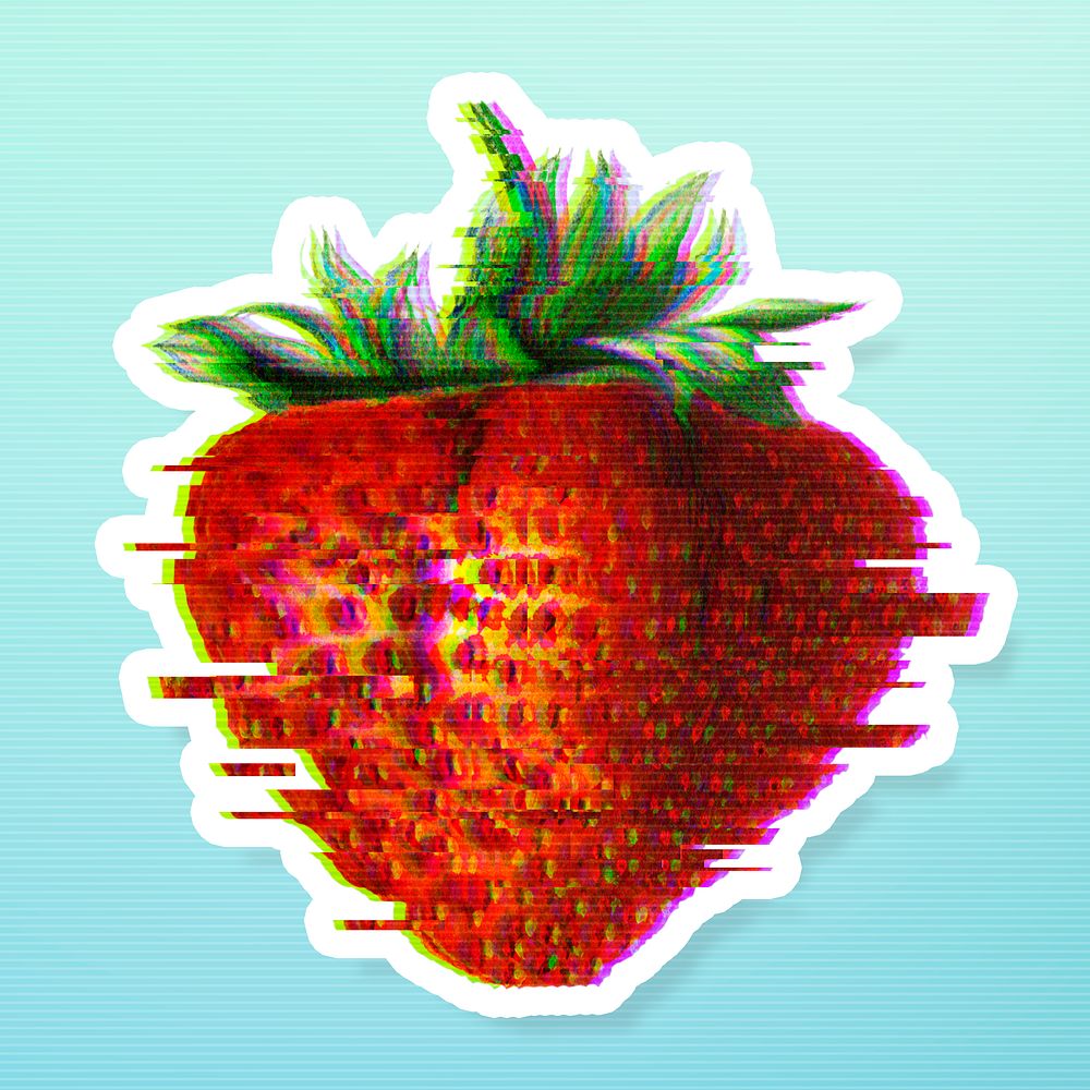 Strawberry with glitch effect sticker with white border overlay