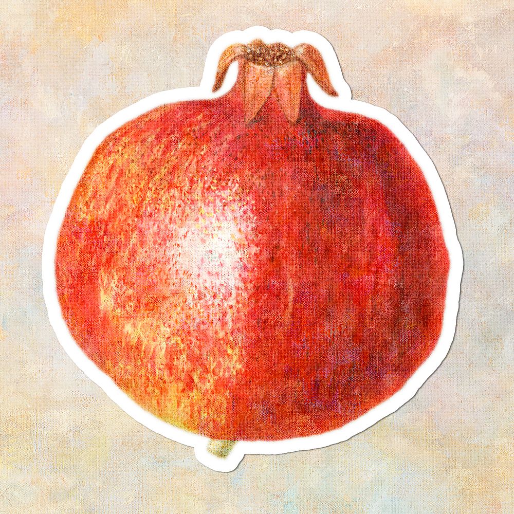 Hand drawn pomegranate acrylic style sticker overlay with a white border