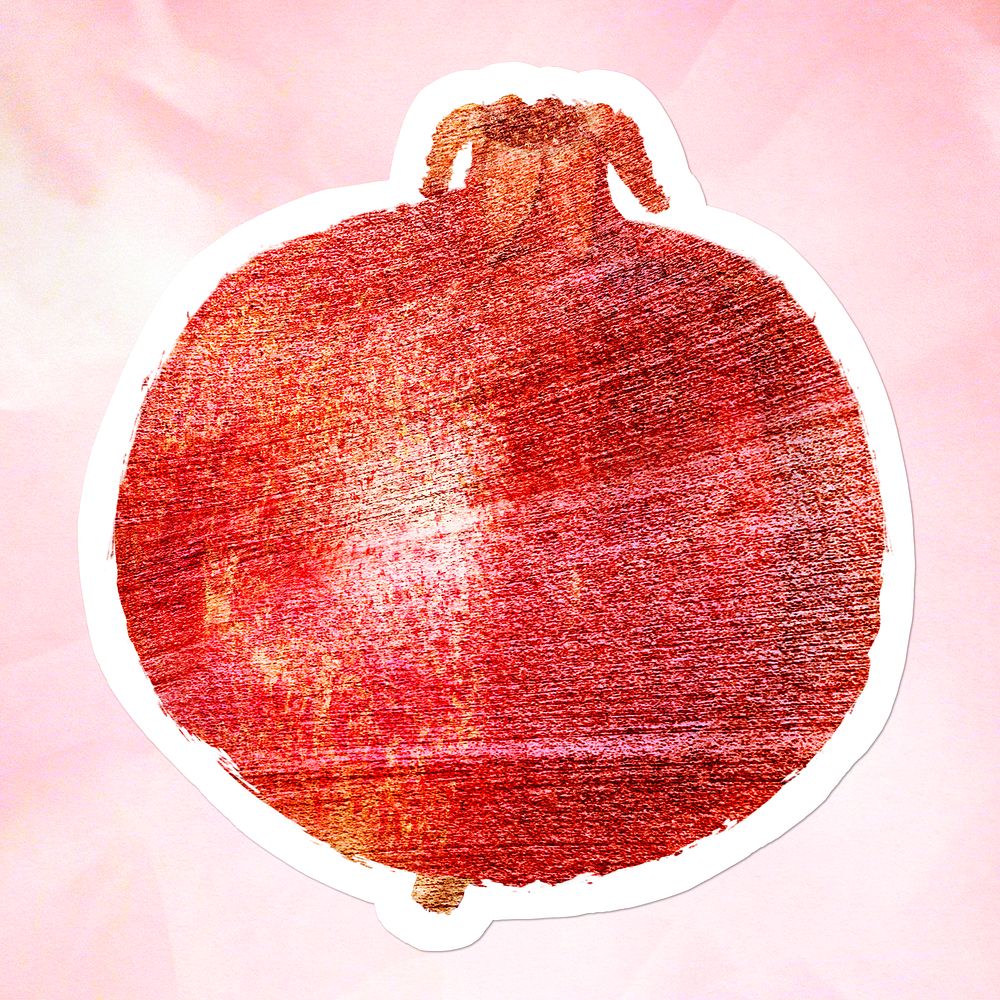 Hand drawn red pomegranate fruit sticker with white border