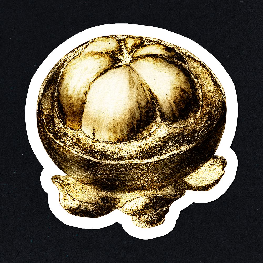 Gold mangosteen fruit sticker with a white border