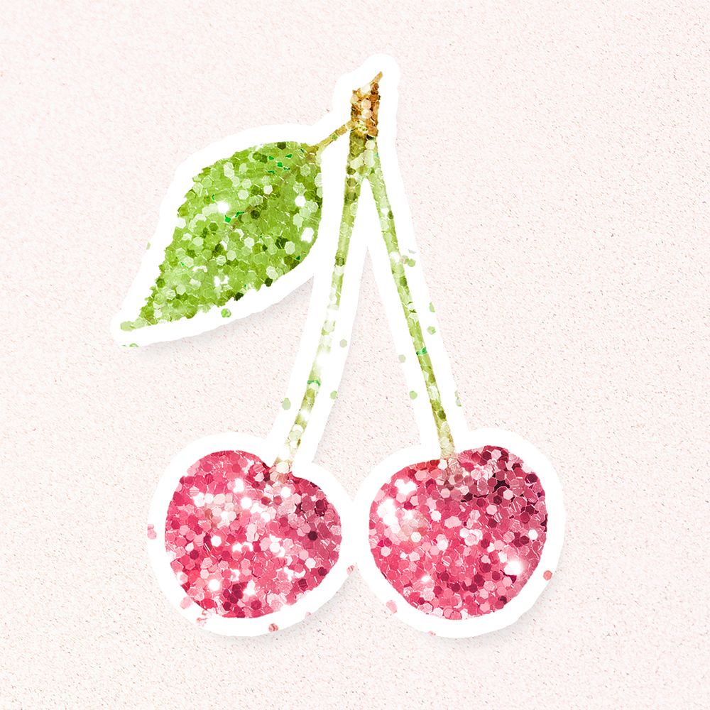 Glittery maraschino cherry sticker overlay with a white border design resource