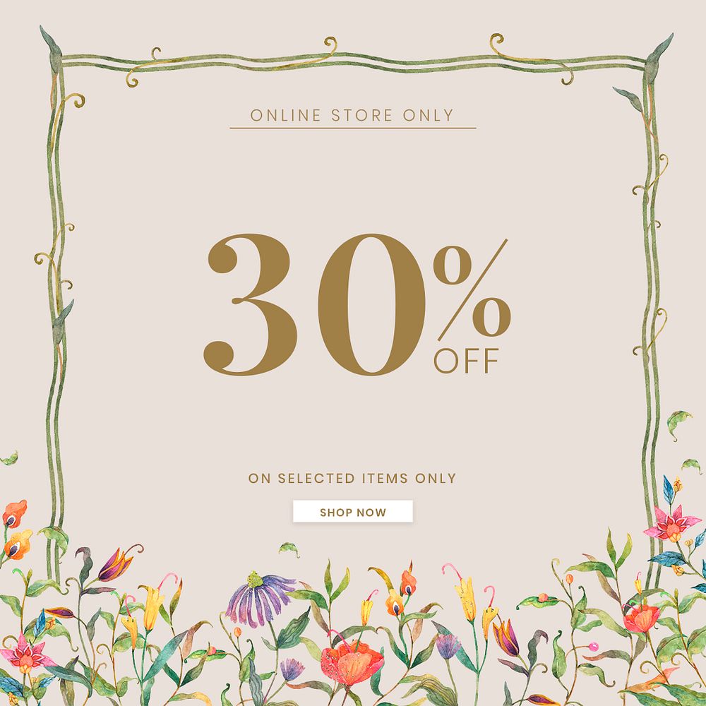 Editable shop ad template psd with watercolor peacocks and flowers illustration with 30% off text