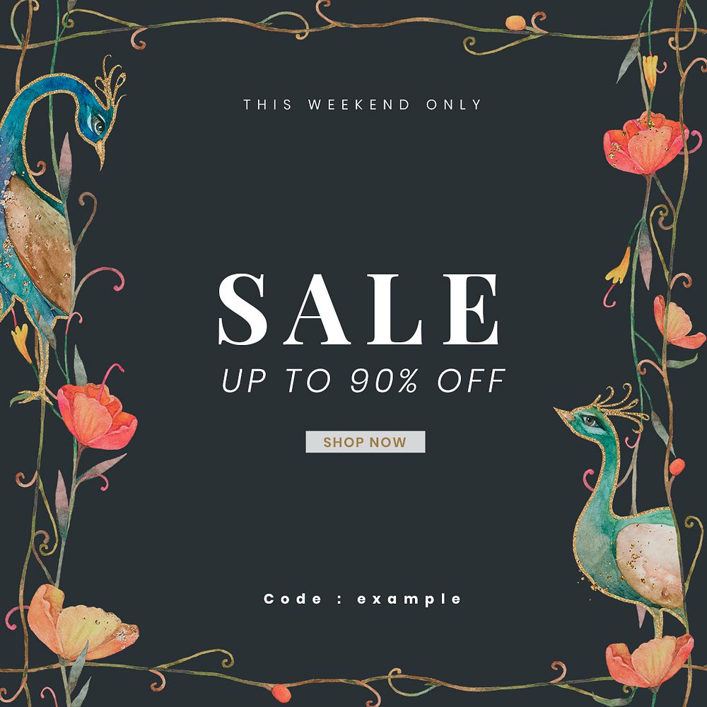 Editable shop ad template psd with watercolor peacocks and flowers illustration with sale up to 90% off text
