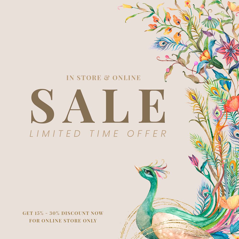 Editable shop ad template psd with watercolor peacocks and flowers illustration with limited time offer sale text