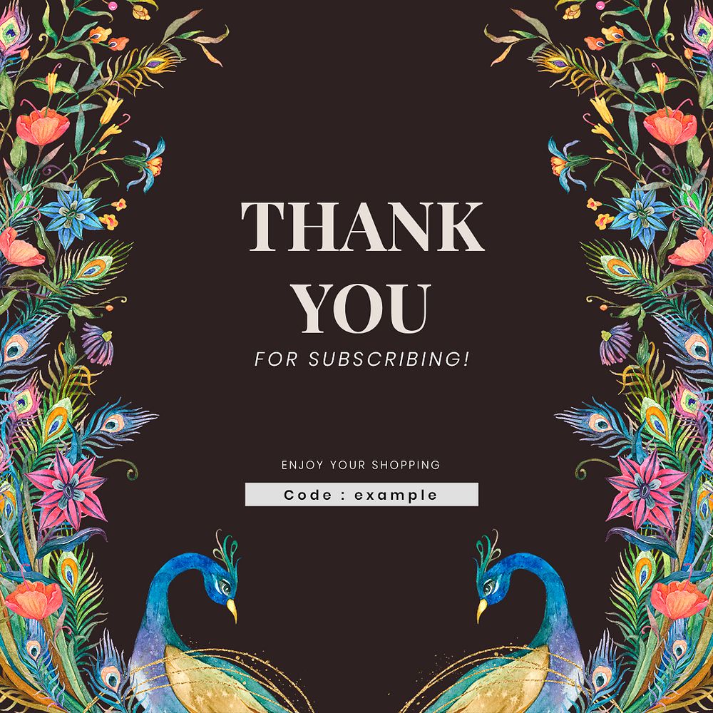 Editable shop ad template psd with watercolor peacocks and flowers illustration with thank you text