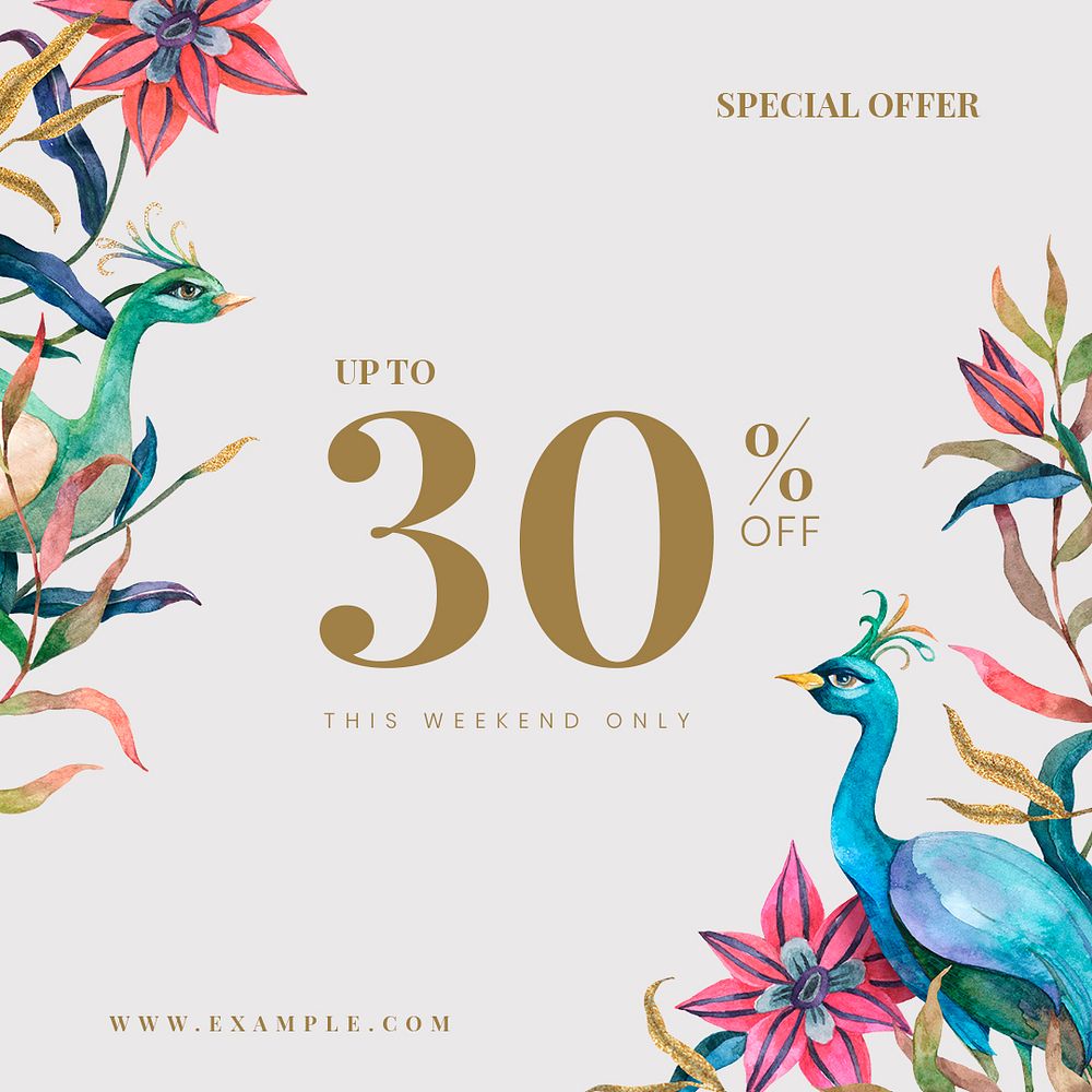 Editable shop ad template psd with watercolor peacocks and flowers illustration with 30% off text