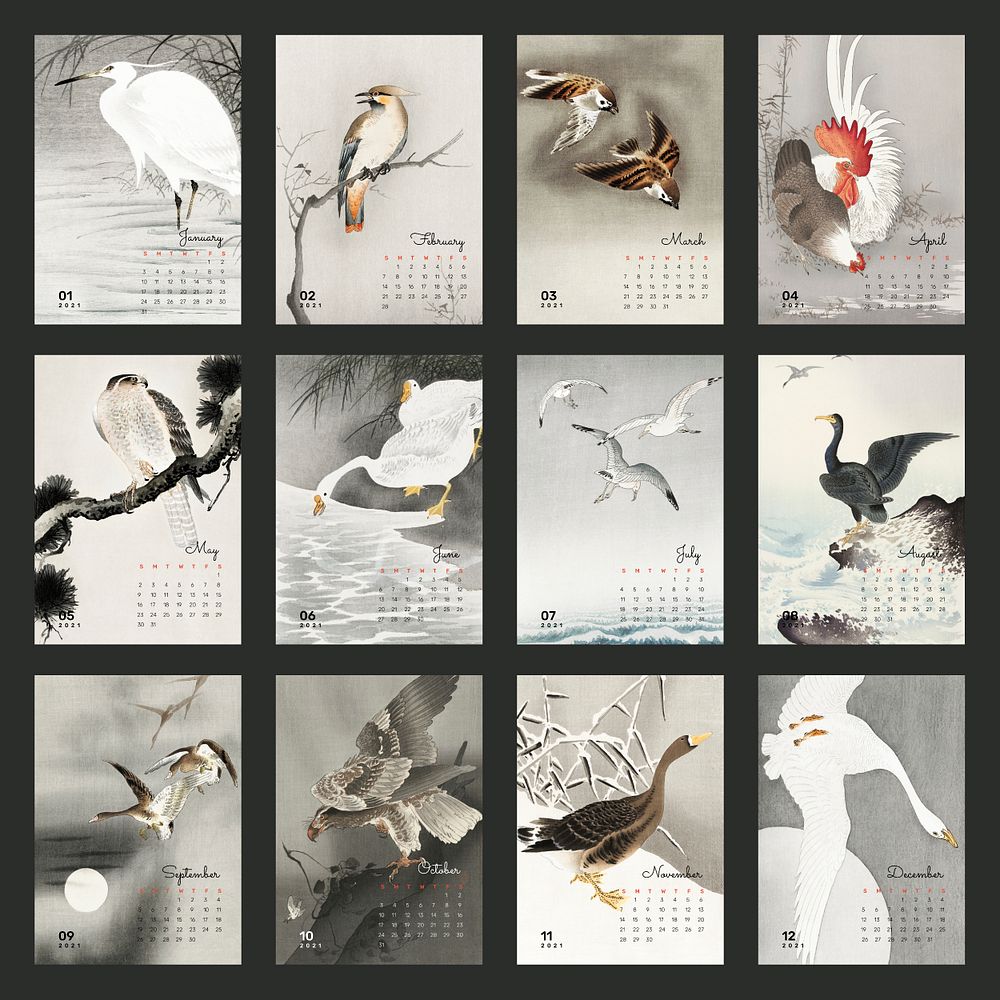 Calendar 2021 printable template vector set Japanese bird remix from Ohara Koson