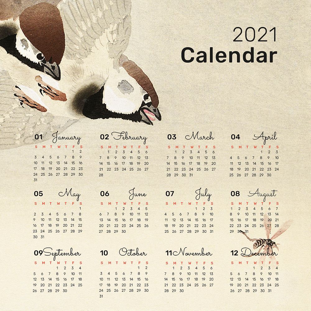 Calendar 2021 printable template psd set ring sparrows in snow remix from Ohara Koson