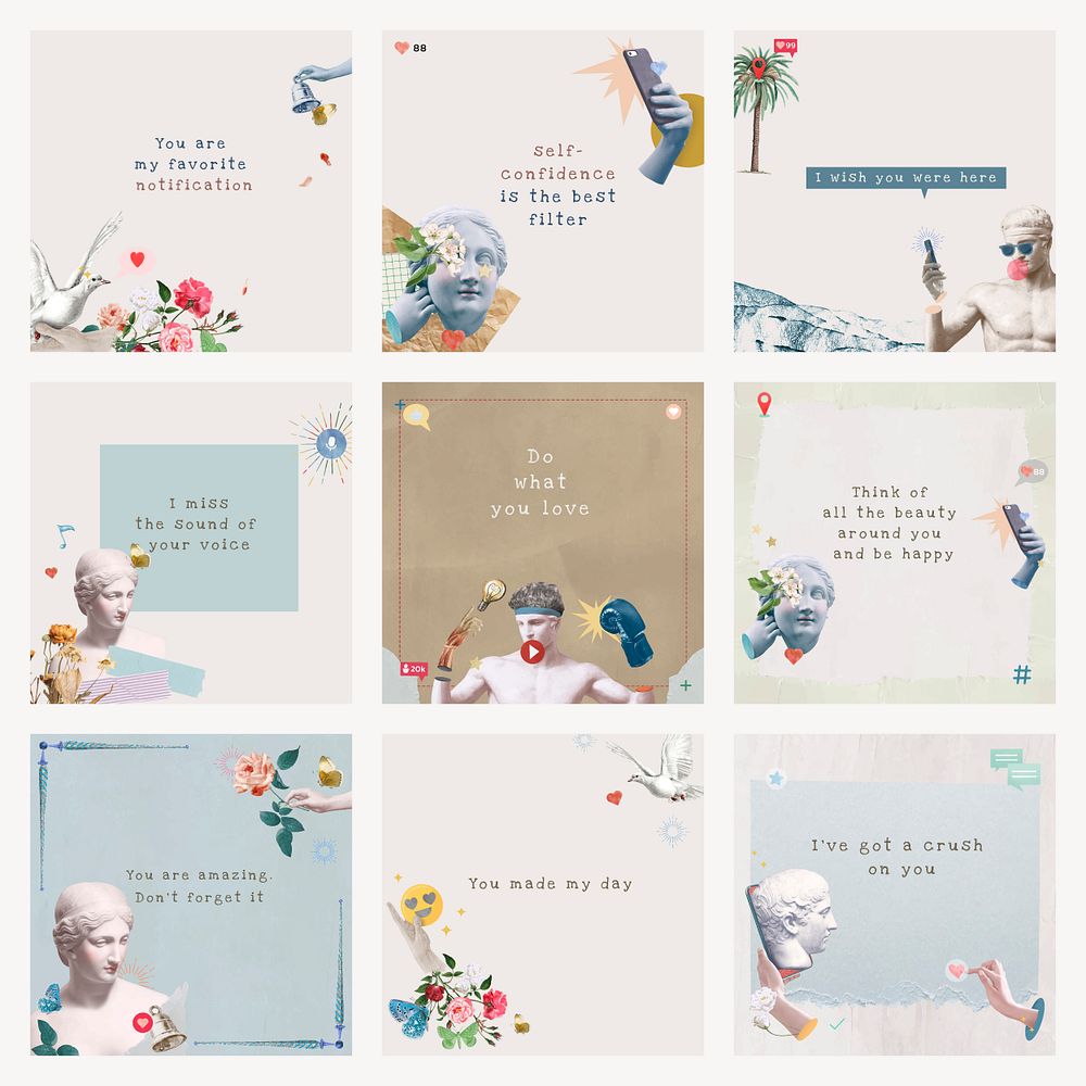 Aesthetic love quotes psd template neo-renaissance remixed media set