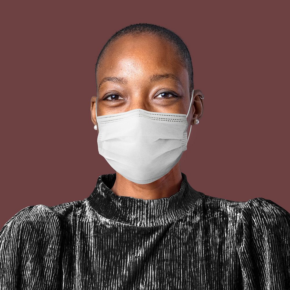 Woman wearing mask face closeup Covid-19 photoshoot on brown background