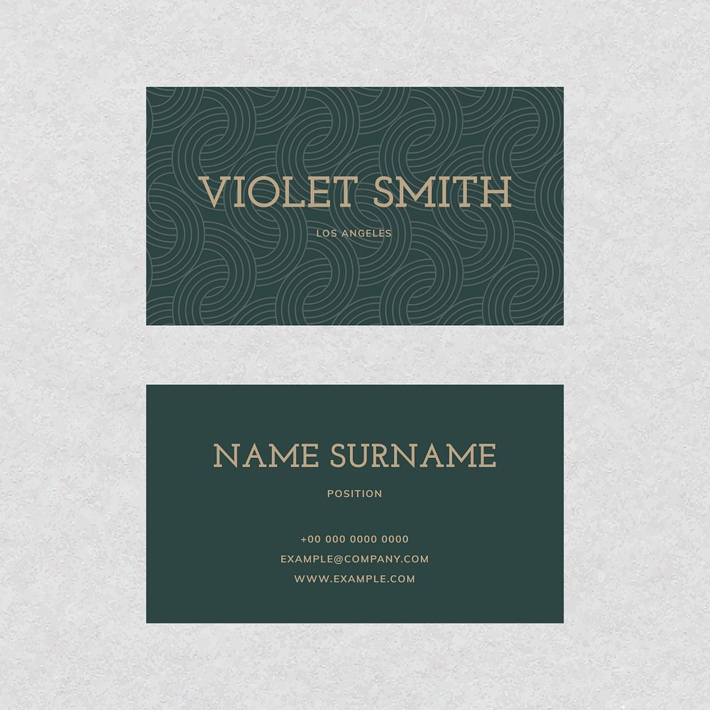 Luxury business card template psd in gold and green tone with front and rear view flat lay