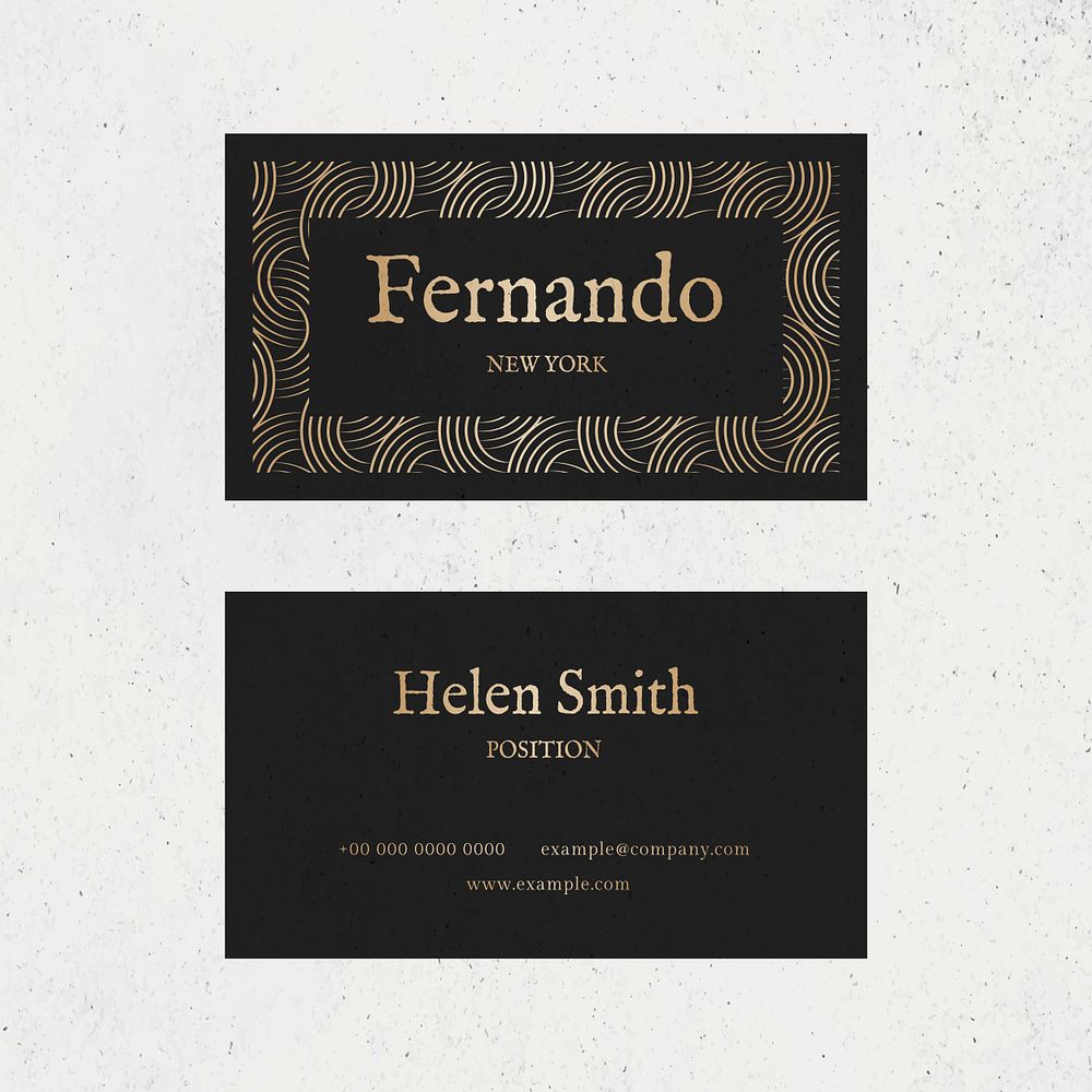 Luxury business card template psd in gold and black tone with front and rear view flat lay