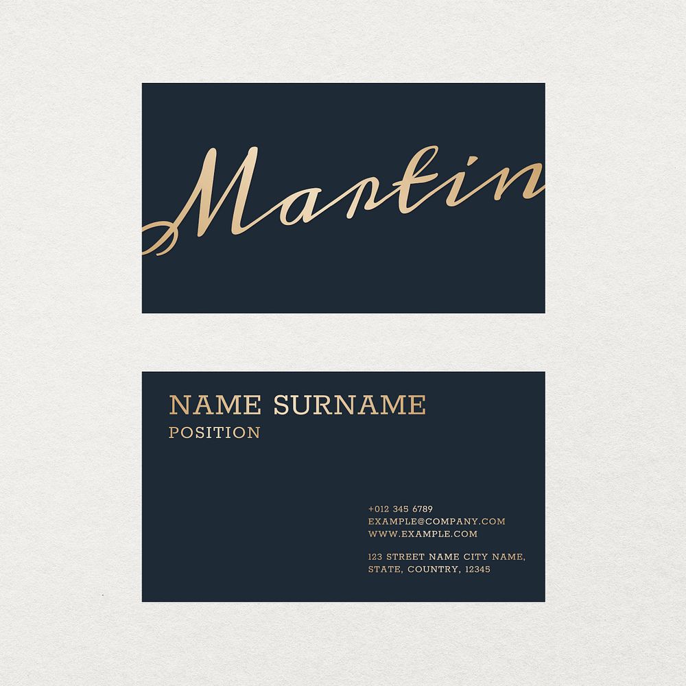 Luxury business card template psd in gold and blue tone with front and rear view flat lay