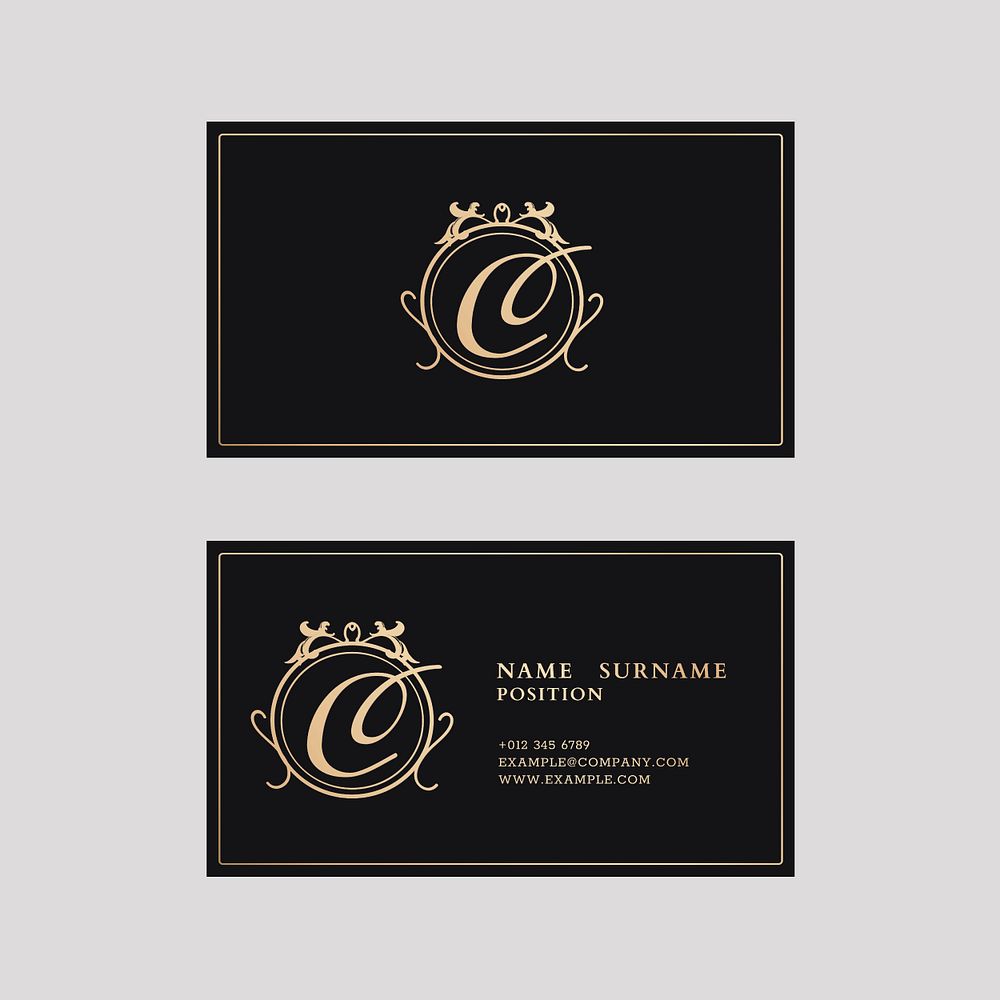 Luxury business card template psd in gold and black tone with front and rear view flat lay