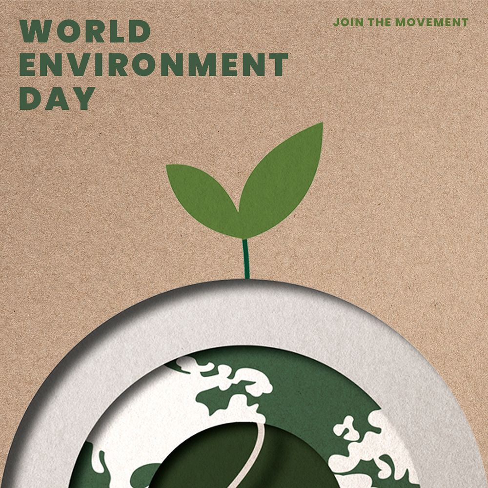 Brown paper globe psd template world environment with growing leaves graphic