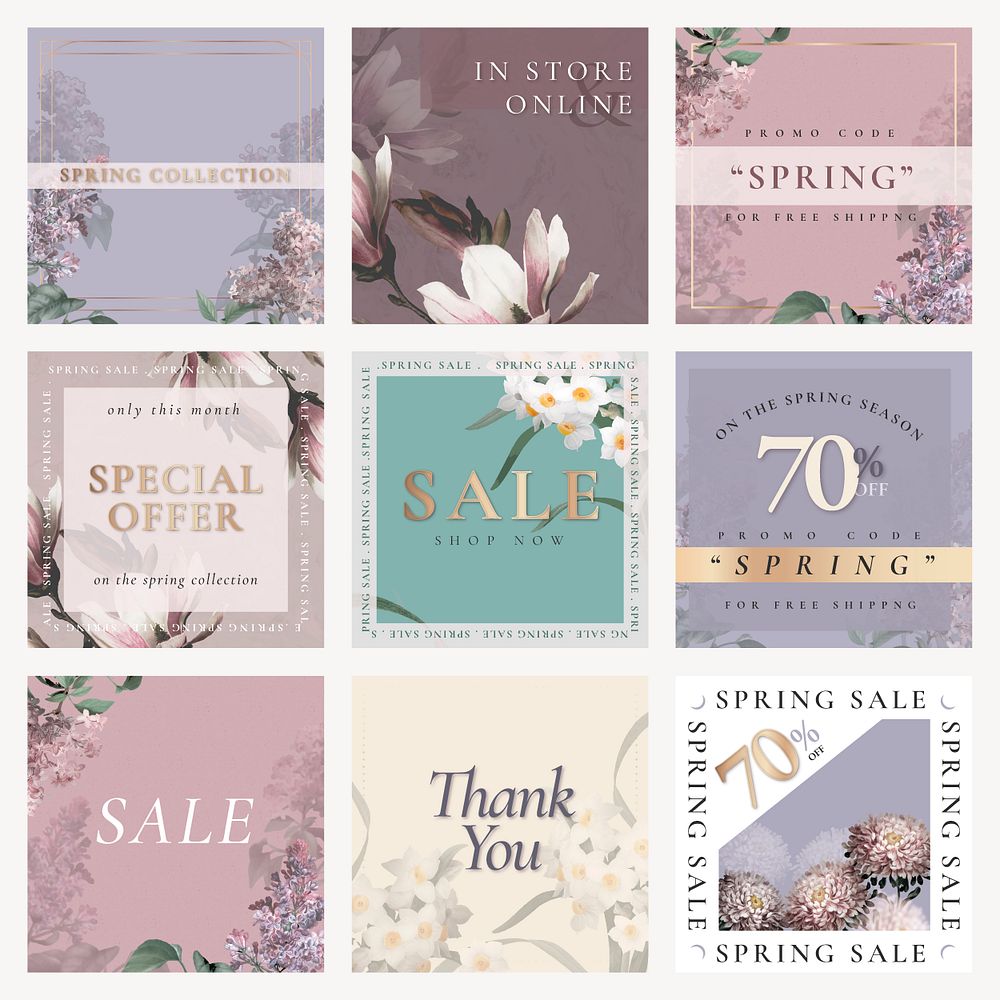 Spring sale template psd for social media post set