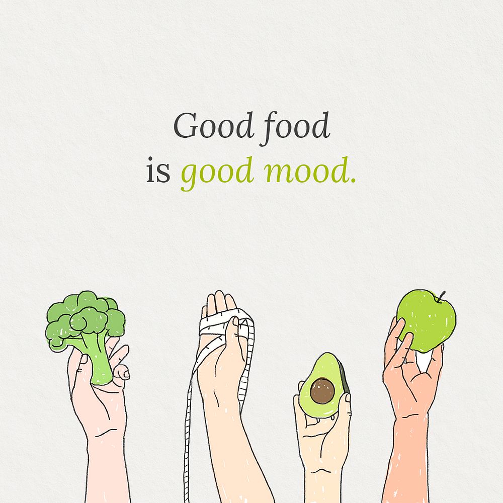Motivational quote template psd with green fruits and vegetables illustration