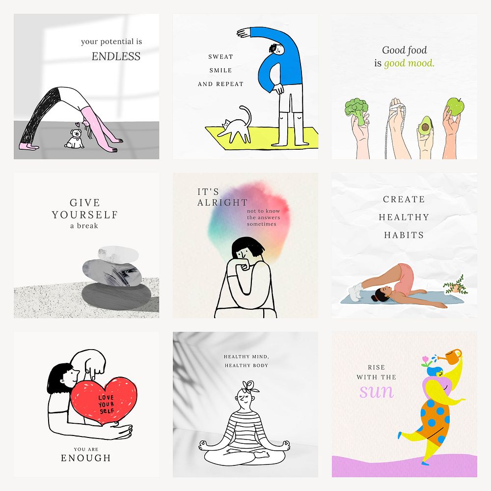 Health and wellness templates psd colorful and cute illustrations set