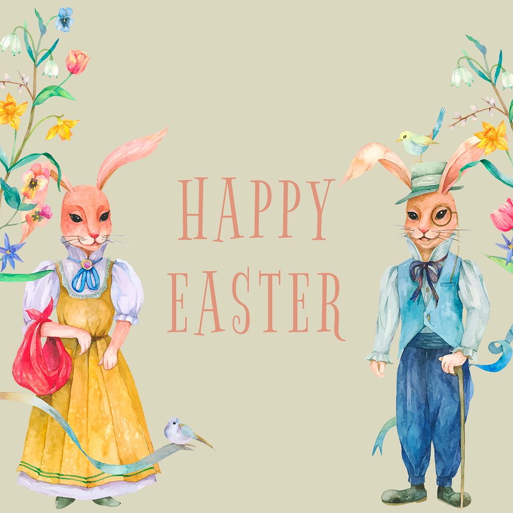 Editable Happy Easter template psd holidays celebration watercolor greeting with bunny vintage illustration social media post