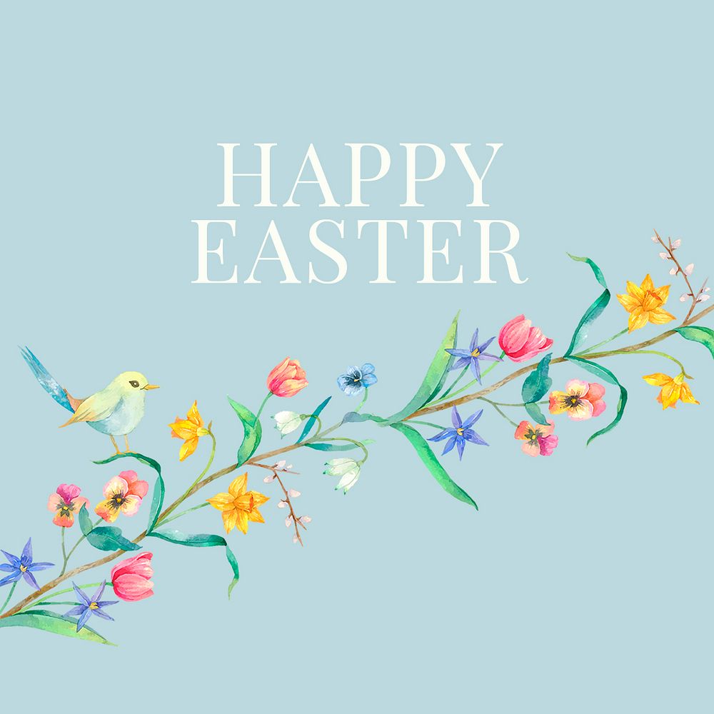 Happy Easter greeting template psd vintage floral watercolor blue social media post