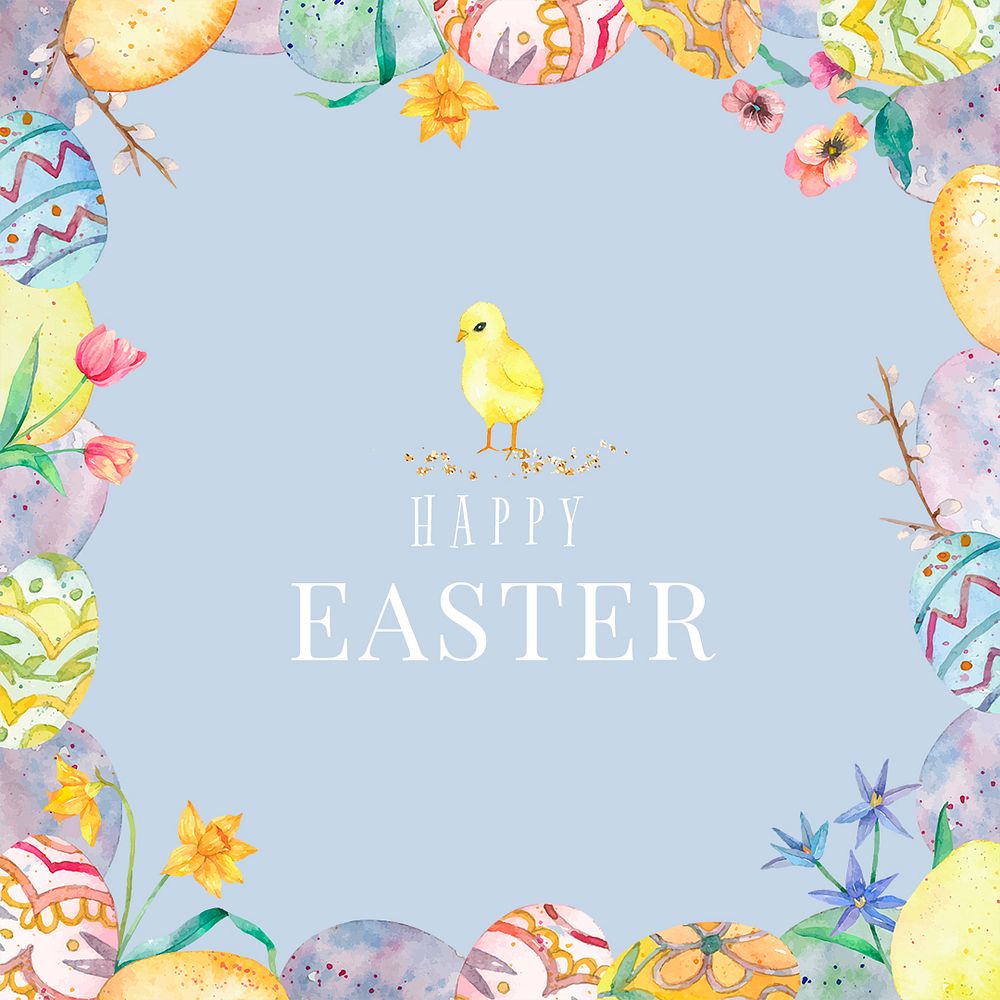 Happy Easter watercolor template psd cute eggs and birds blue social media post