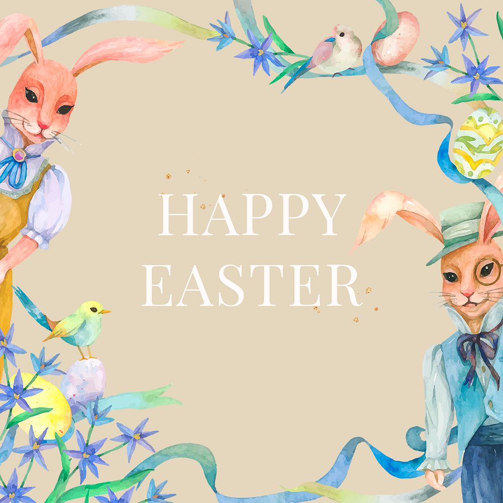 Editable Happy Easter template psd holidays celebration watercolor greeting with bunny vintage illustration social media post