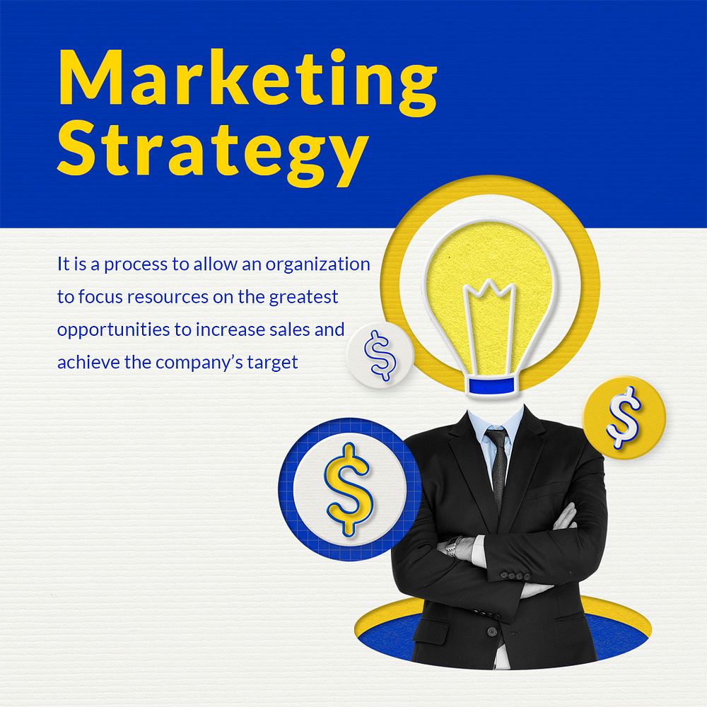 Editable marketing strategy template psd with businessman and lightbulb remixed media