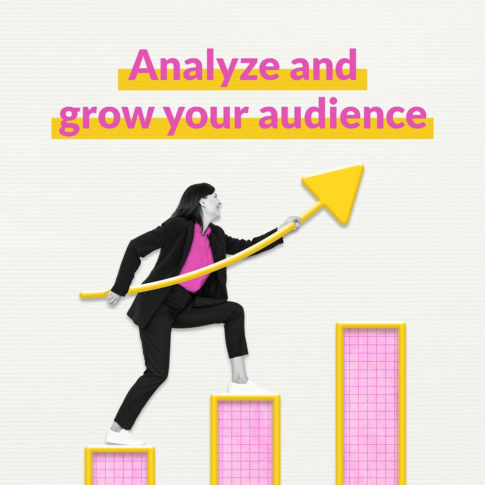 Business audience growth template psd with bar chart and woman remixed media