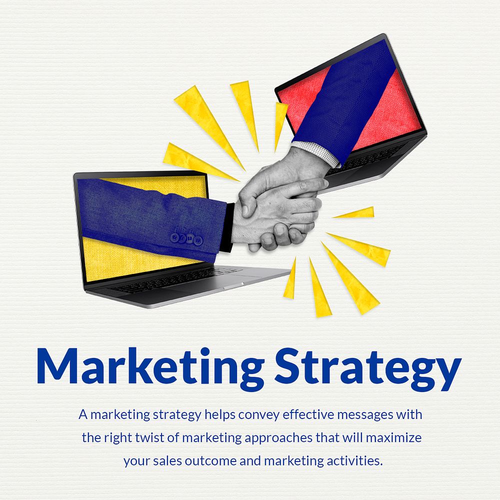 Editable marketing strategy template psd with online networking handshake remixed media