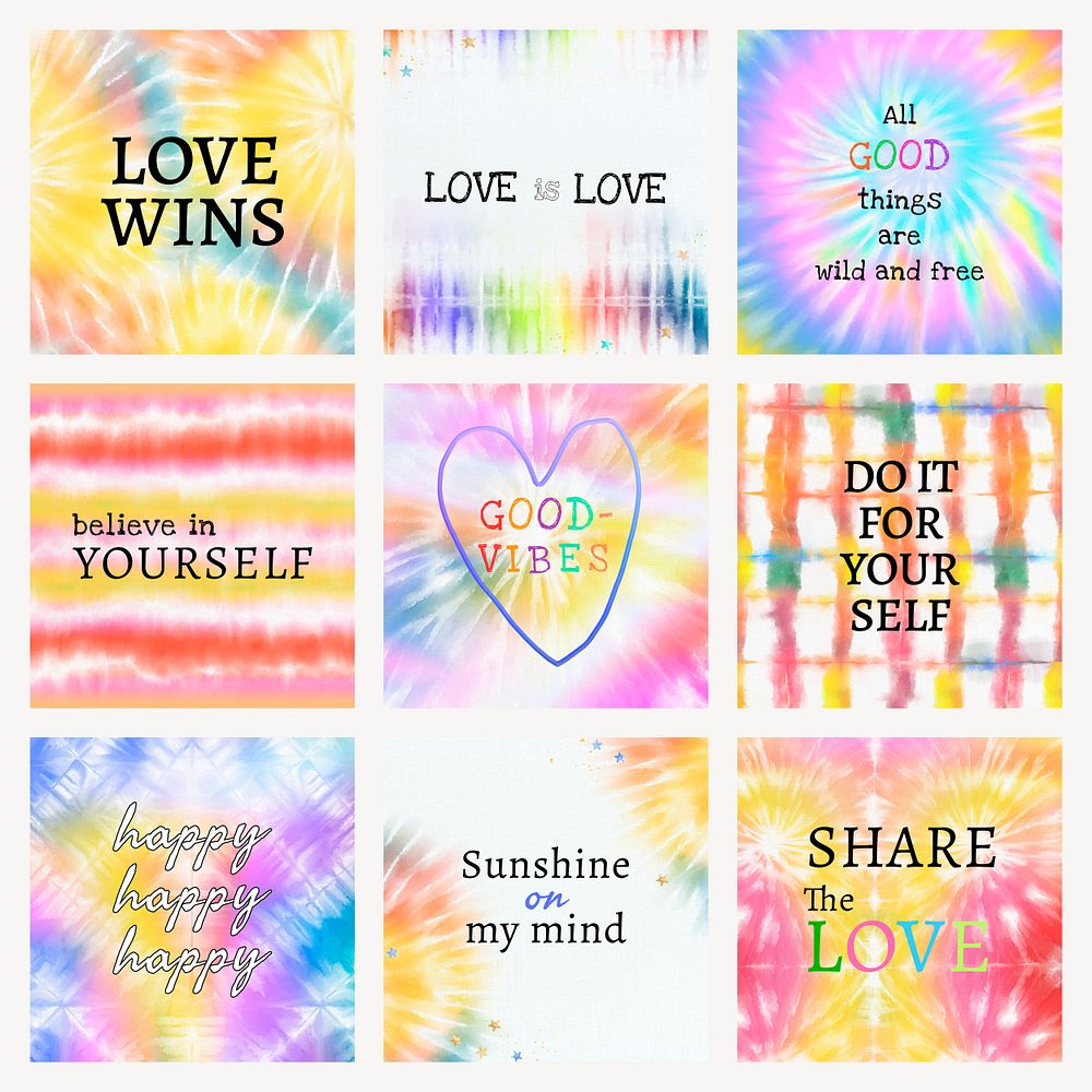 Motivational quote template psd for blog social media post on colorful tie dye set