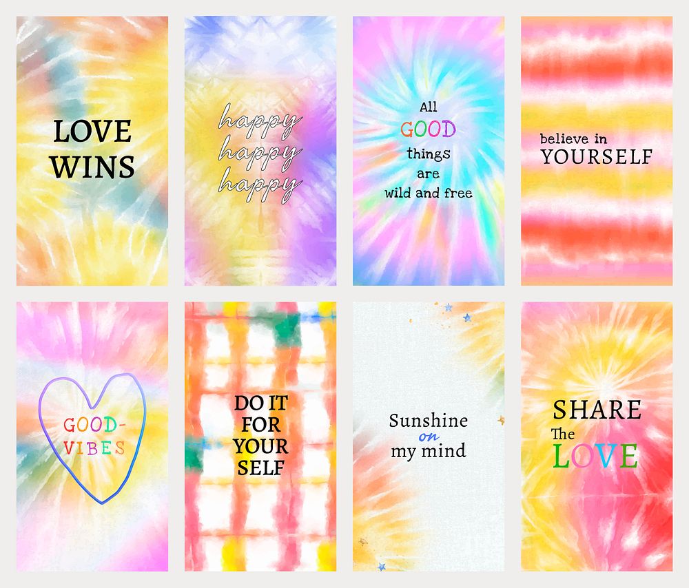 Inspirational quote template psd for social media story on colorful tie dye set