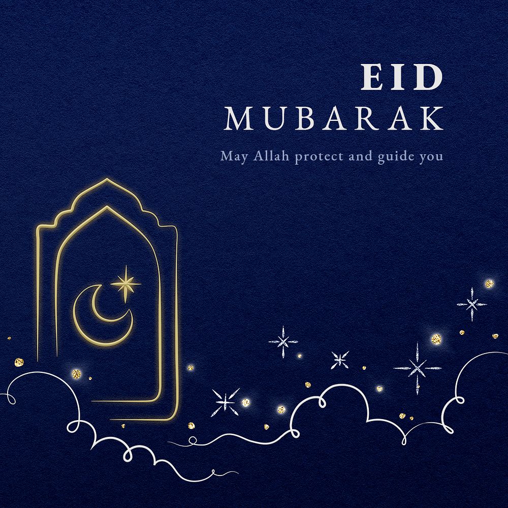 Eid mubarak editable template psd for social media post with crescent moon on blue background