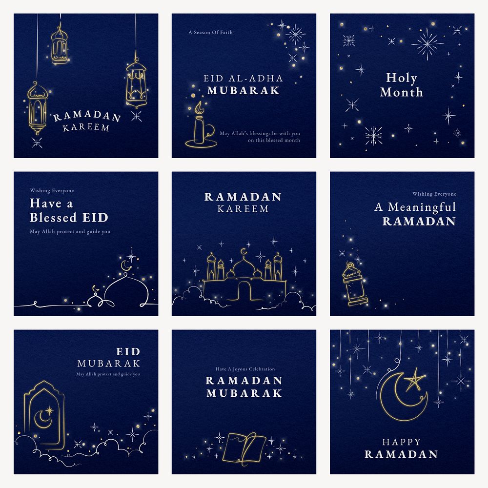 Ramadan social media template psd on blue background set