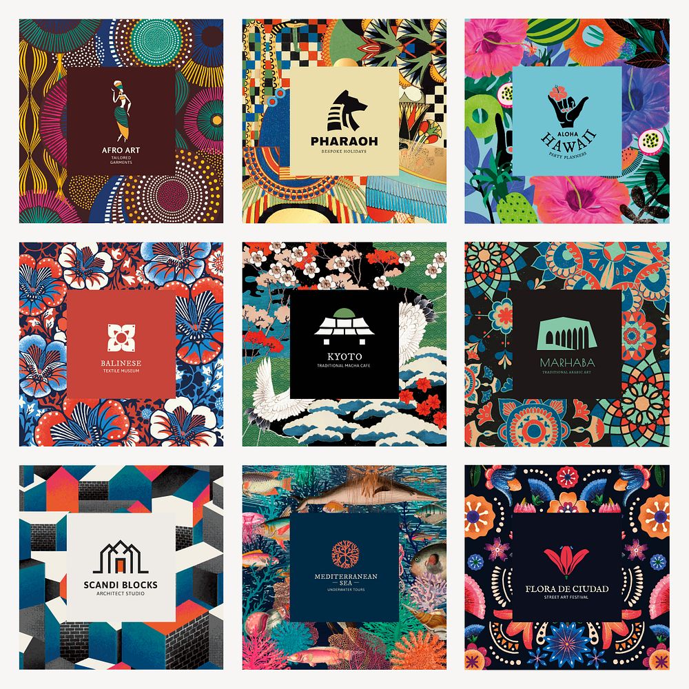 Ethnic pattern template psd for branding logo set, remixed from public domain artworks