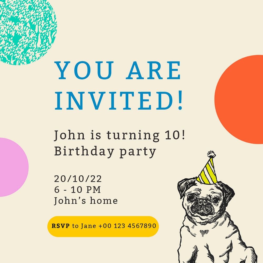 Birthday invitation template psd for social media post  in cute puppy theme