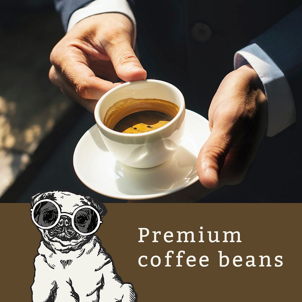 Vintage cafe ad template psd for social media post with coffee cup and cute pug puppy
