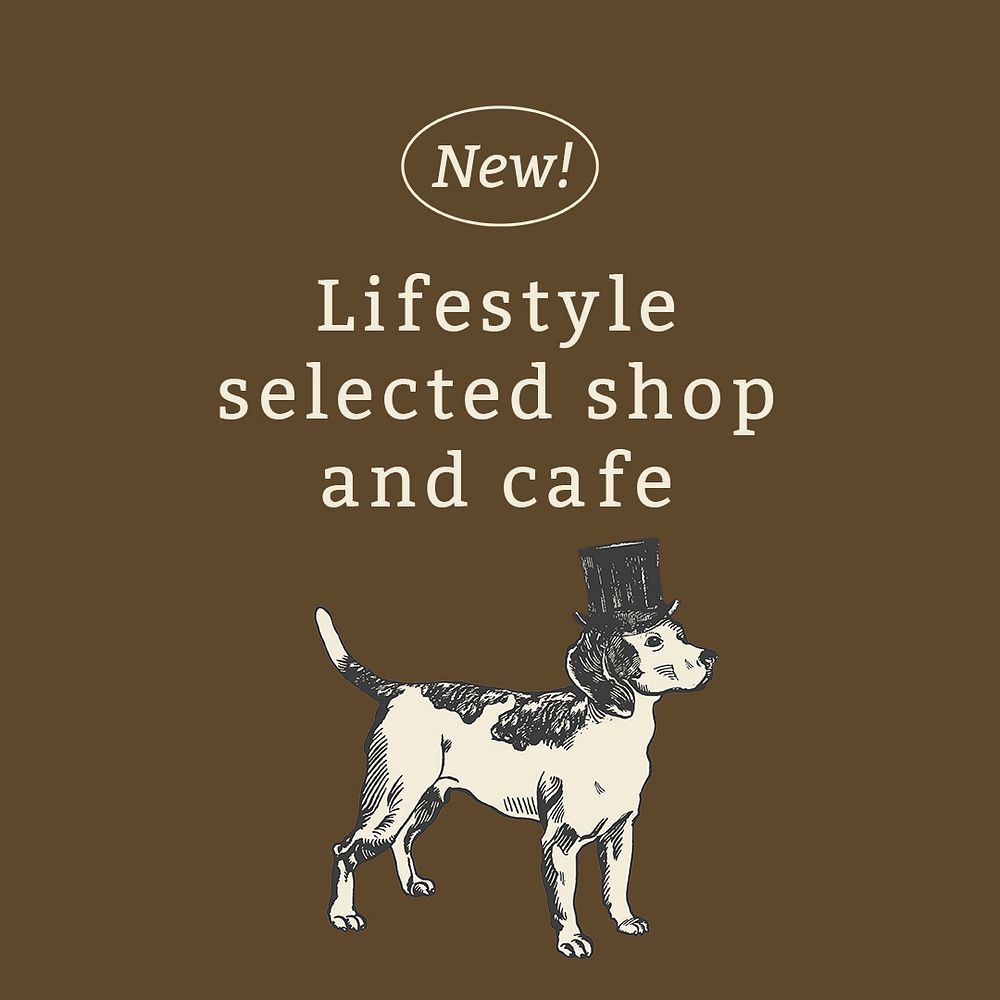Cafe social media template psd in vintage dog illustration theme