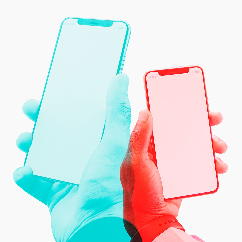 Smartphones with blank screens in double color exposure effect